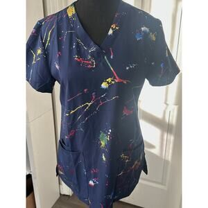Zinnia Foil Splatter Navy Abstract Womens 3 Pocket V Neck Scrub Size Small